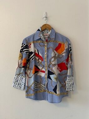 Tizzie Linen and Cotton Nautical Print Button Down Shirt | Size Small